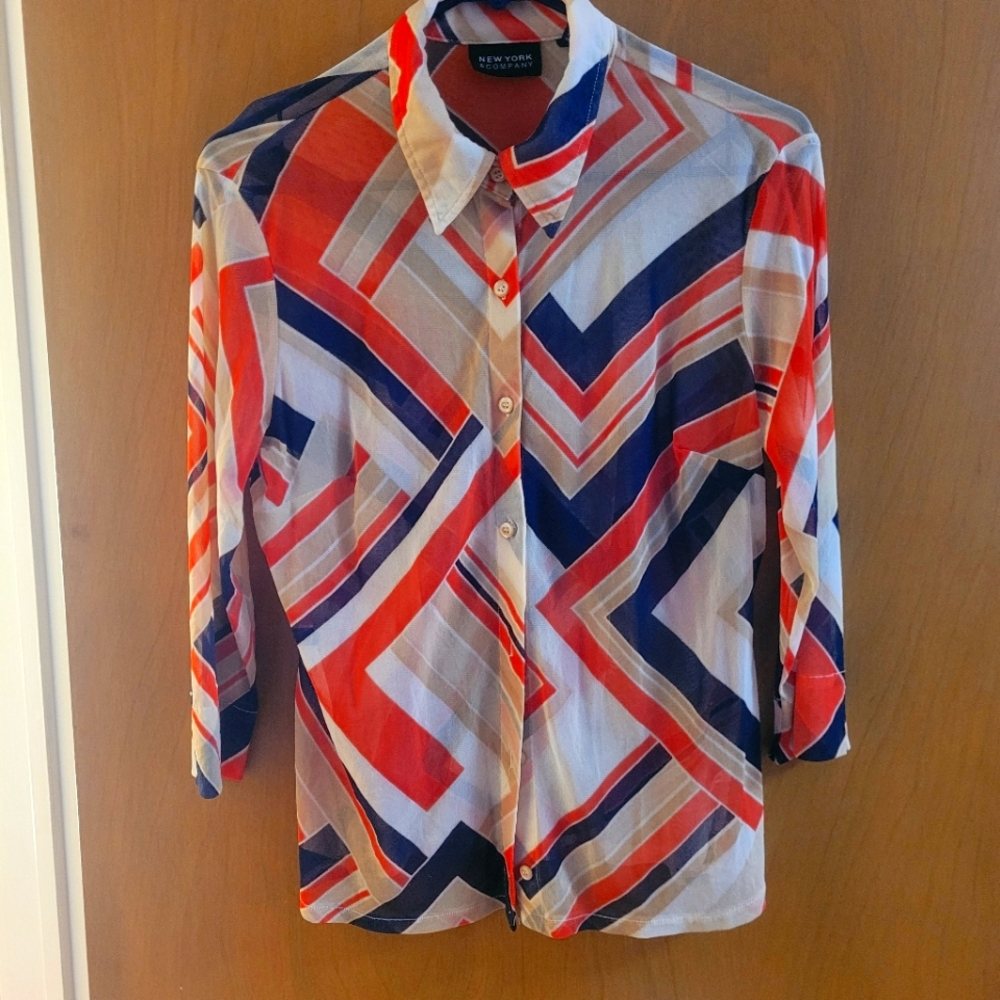 Multi colored, long sleeve, bottom down, sheer blouse